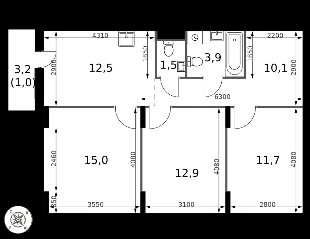 3-комнатная, 68,6 м² — 13 680 555 ₽