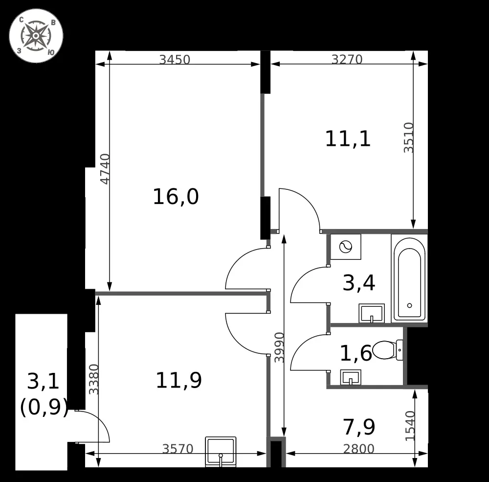 2-комнатная, 52,8 м² — 13 501 858 ₽