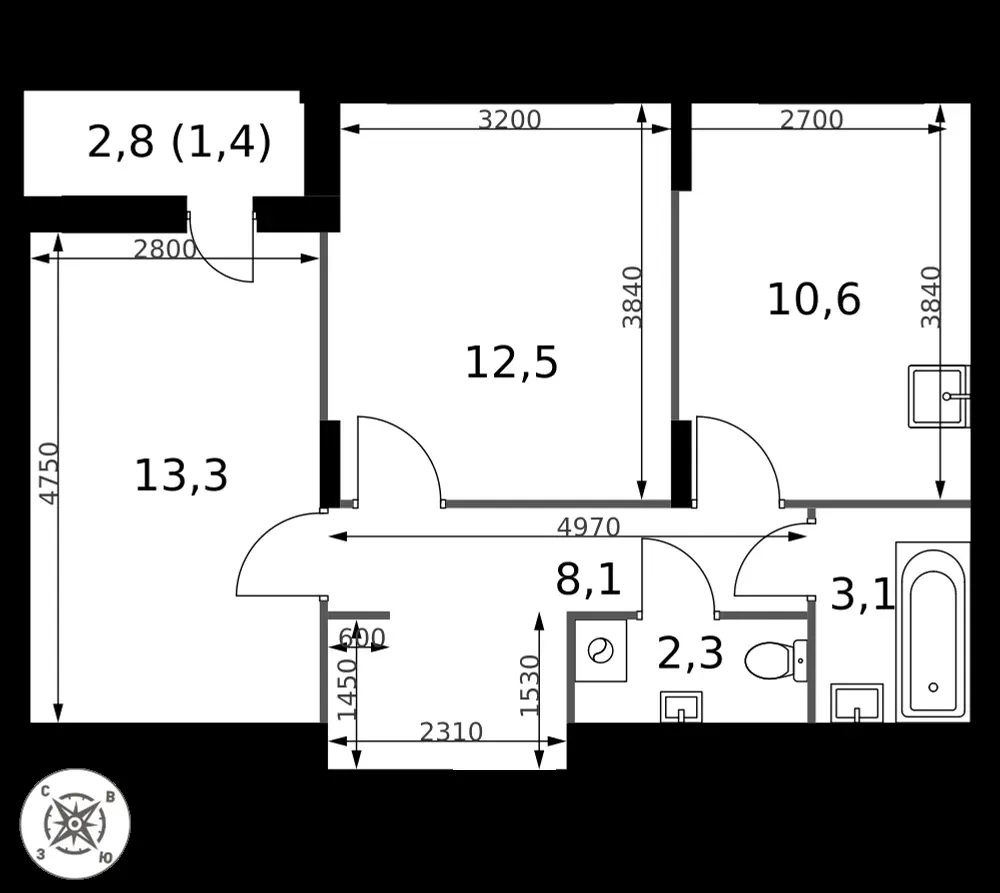 2-комнатная, 51,3 м² — 15 172 693 ₽