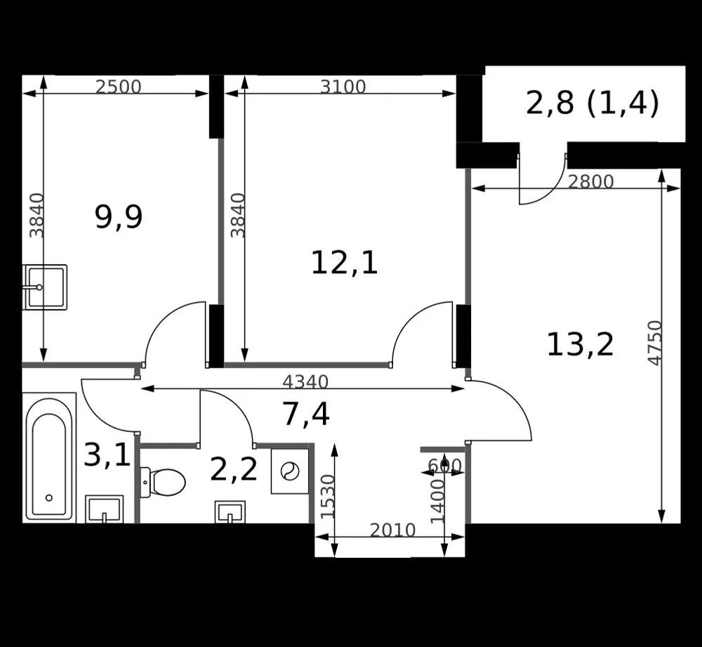 2-комнатная, 49,3 м² — 15 107 098 ₽