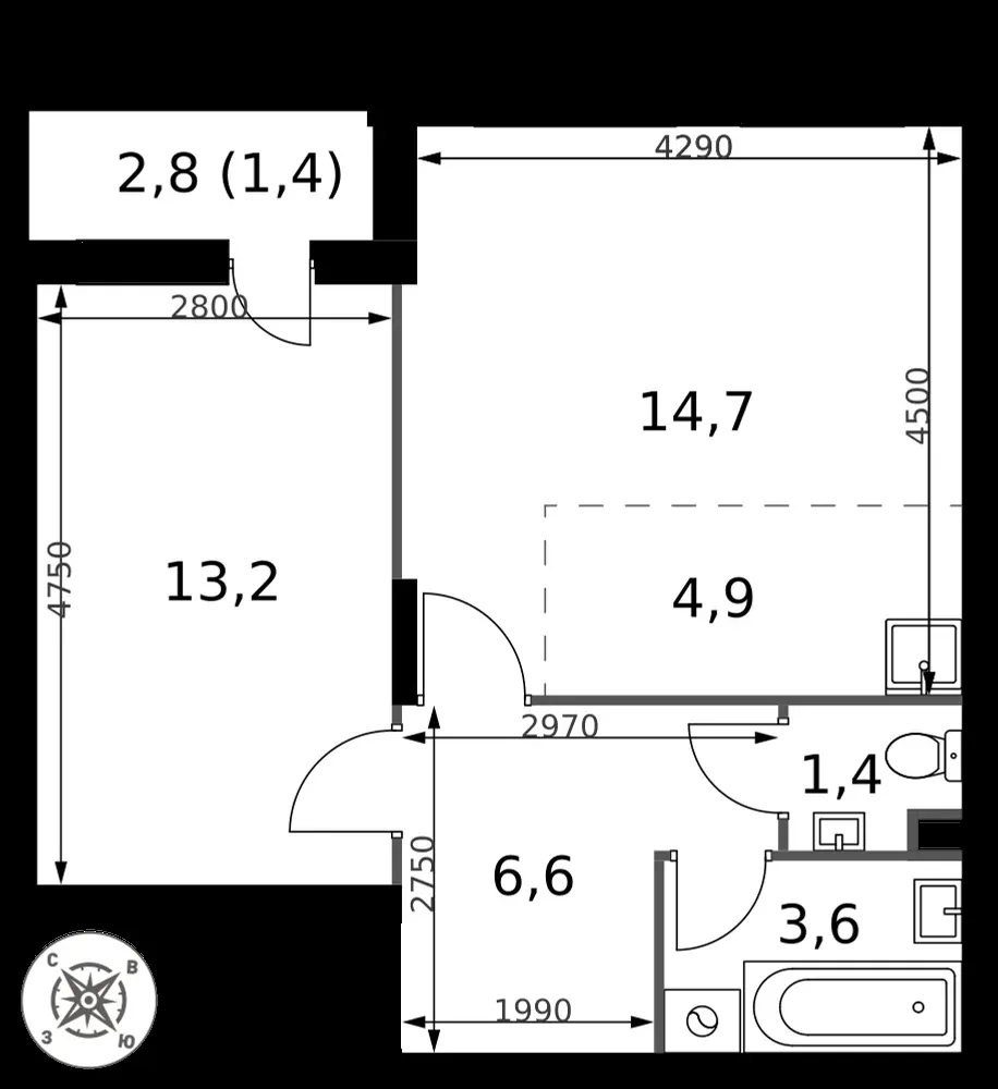 2-комнатная, 45,8 м² — 11 329 729 ₽