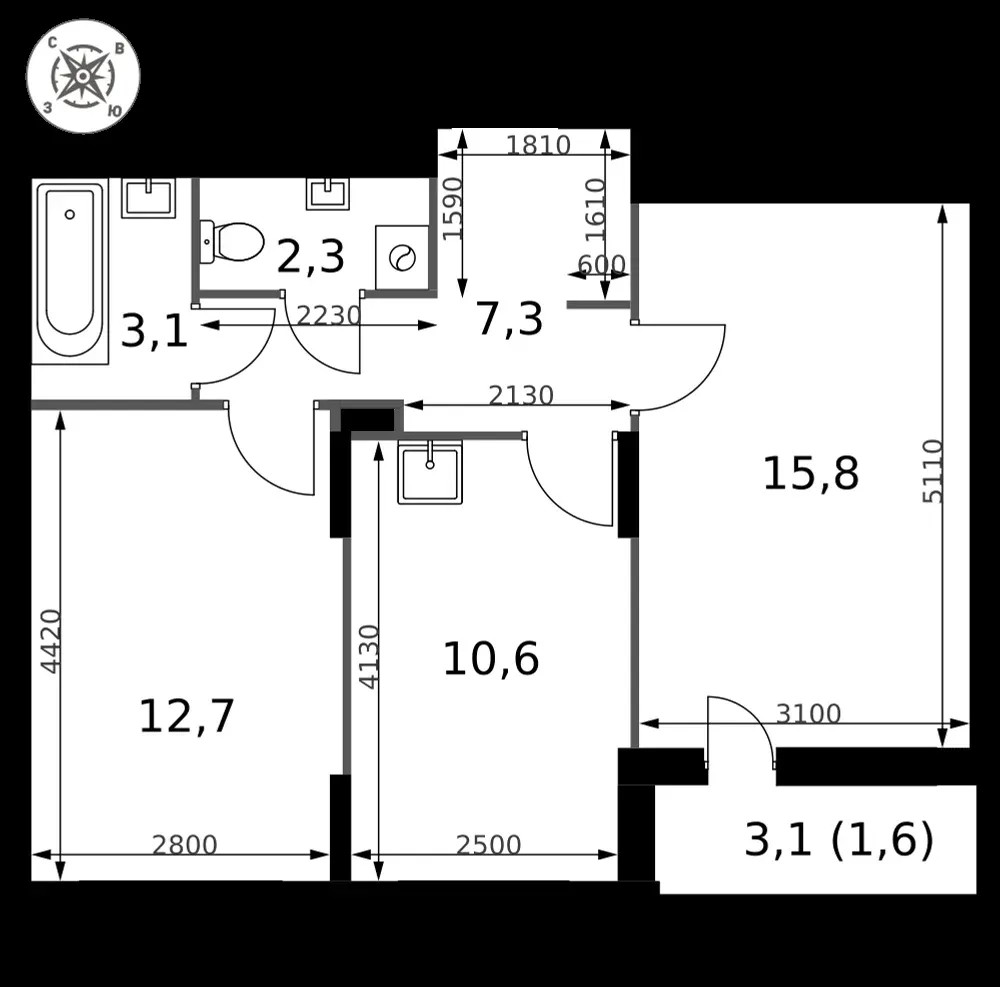 2-комнатная, 53,4 м² — 12 898 343 ₽