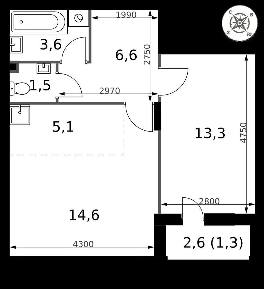 2-комнатная, 46 м² — 11 464 488 ₽