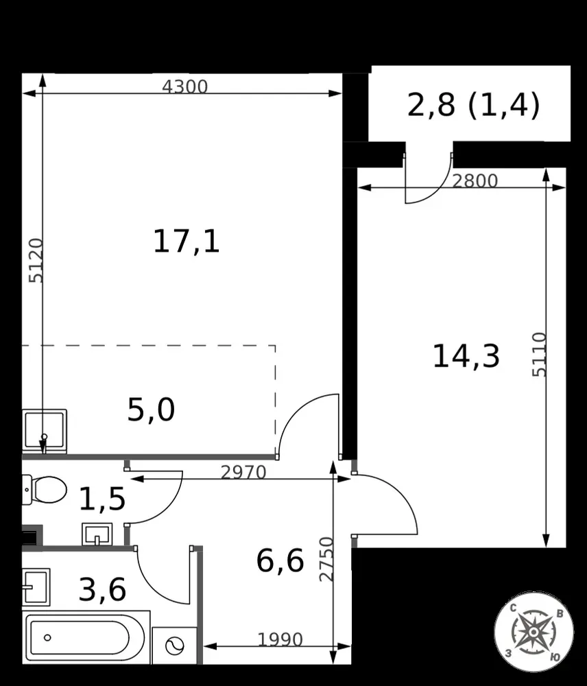 2-комнатная, 49,5 м² — 11 638 242 ₽