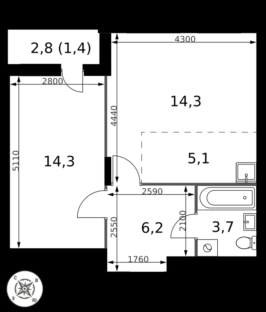2-комнатная, 45 м² — 11 683 980 ₽