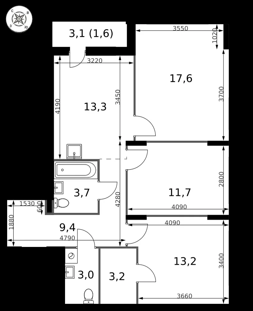 3-комнатная, 76,7 м² — 14 231 685 ₽