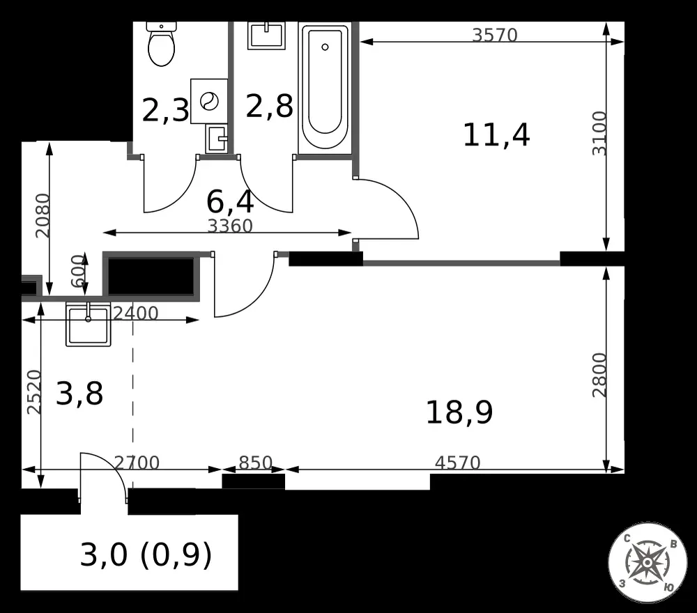 2-комнатная, 46,5 м² — 12 723 237 ₽