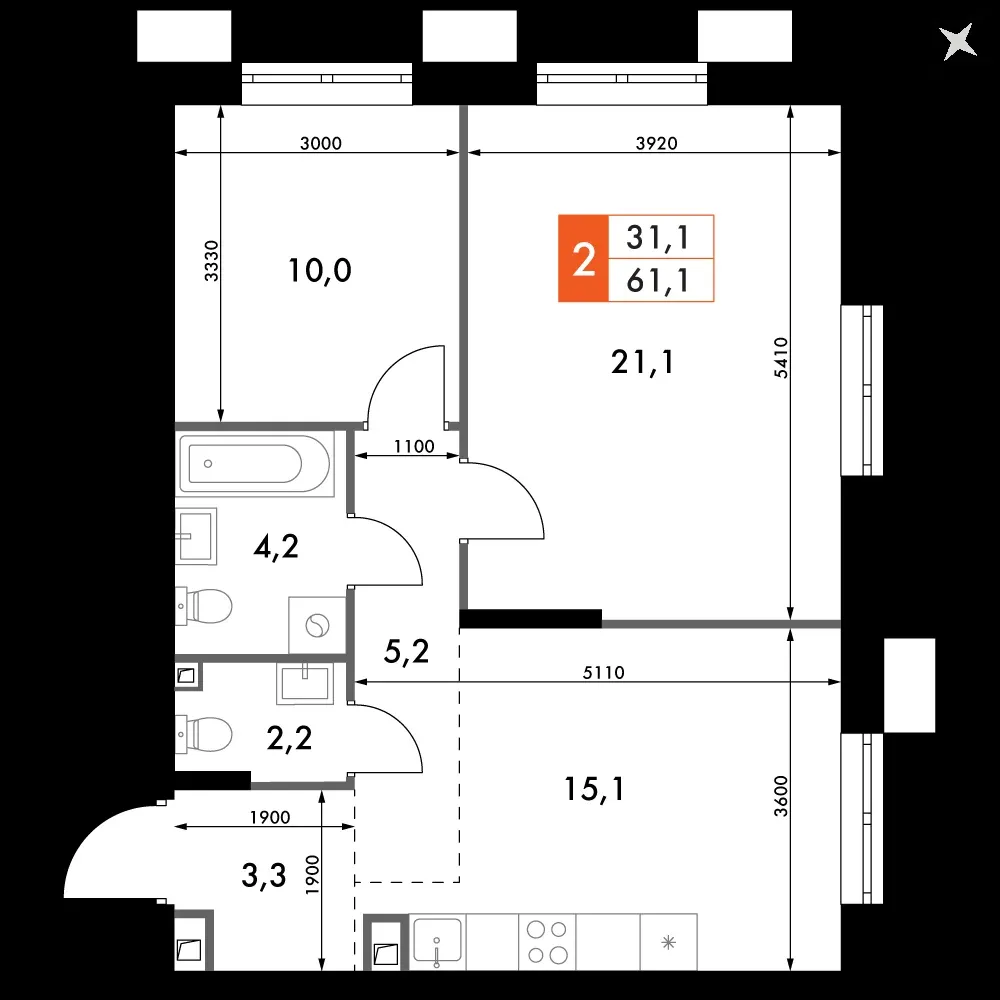 2-комнатная, 61,1 м² — 12 178 177 ₽