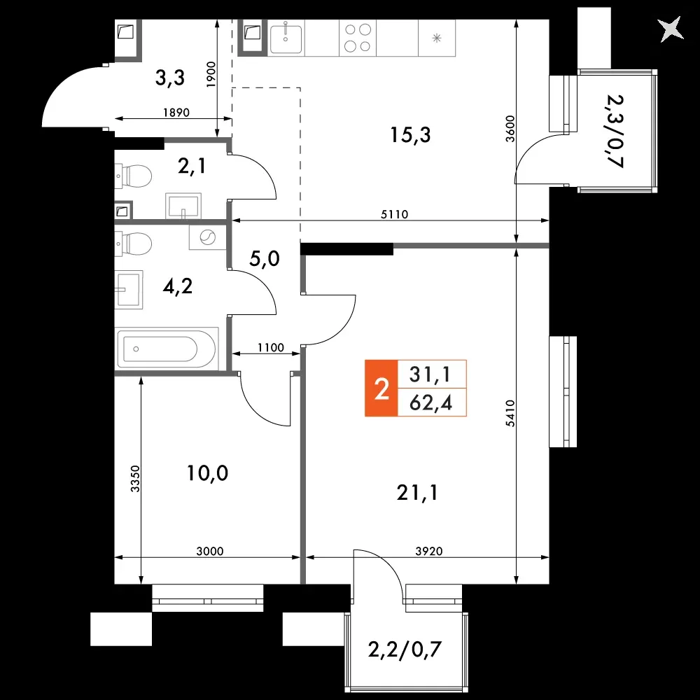 2-комнатная, 62,4 м² — 12 815 820 ₽