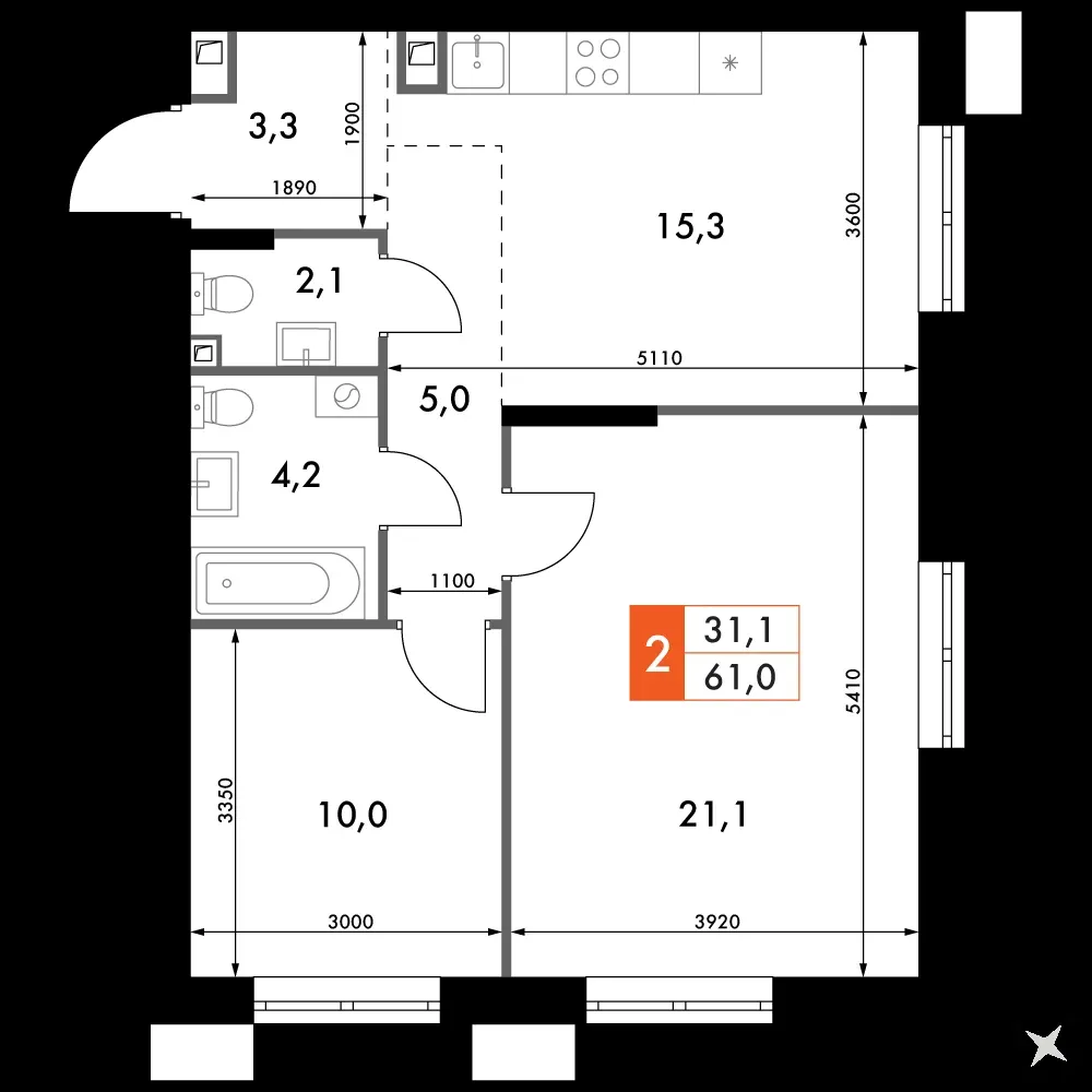 2-комнатная, 61 м² — 12 169 104 ₽