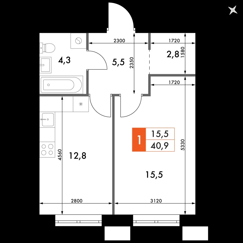 1-комнатная, 40,9 м² — 8 554 781 ₽