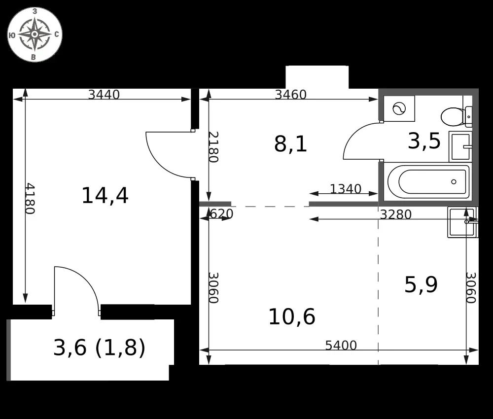 2-комнатная, 44,3 м² — 18 113 207 ₽