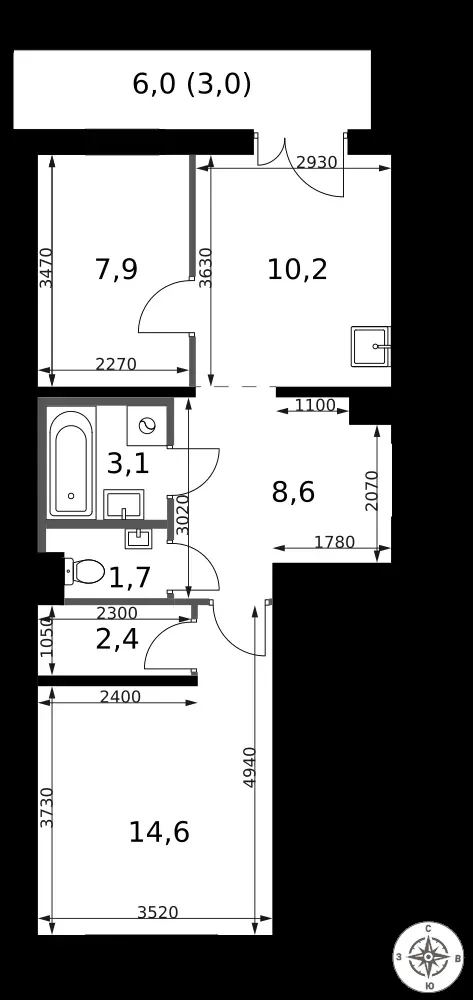 2-комнатная, 51,5 м² — 19 293 960 ₽