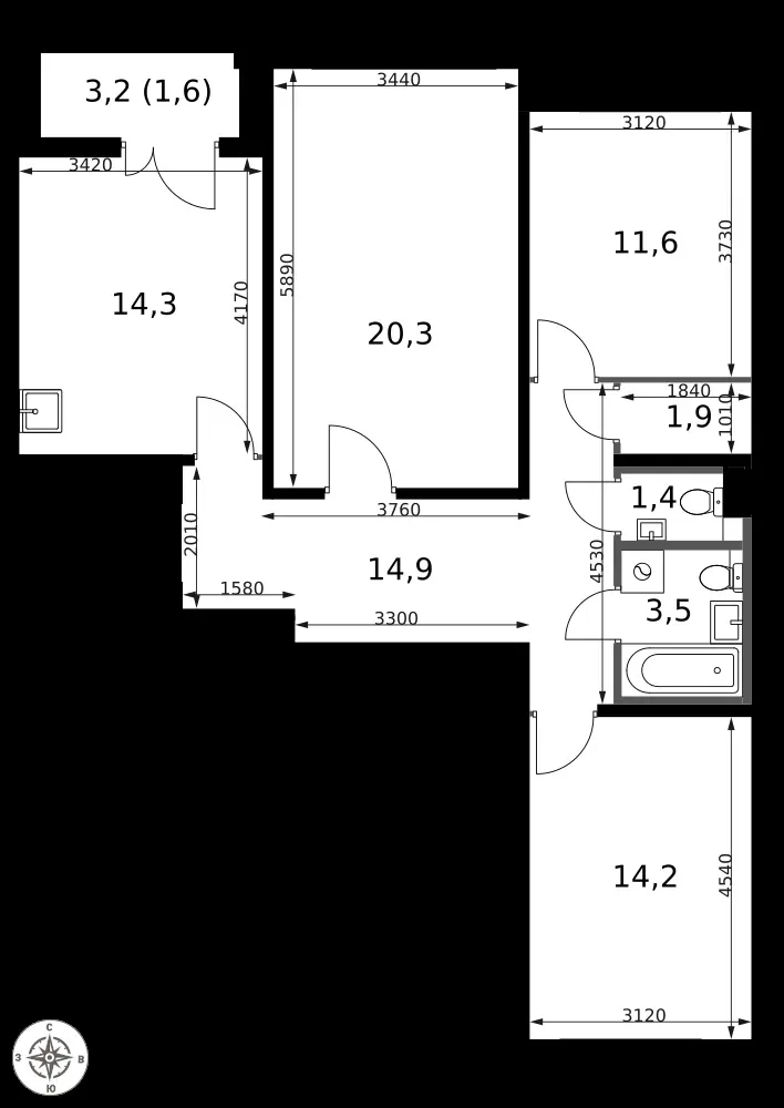 3-комнатная, 83,7 м² — 28 968 905 ₽