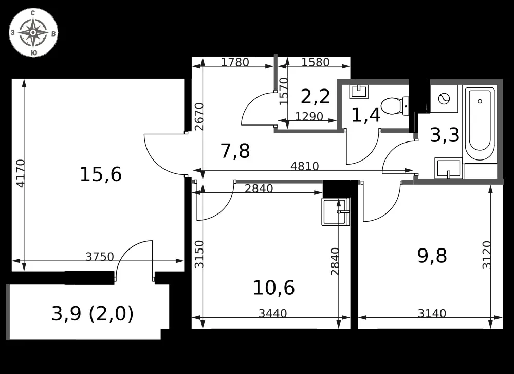 2-комнатная, 52,7 м² — 21 539 544 ₽