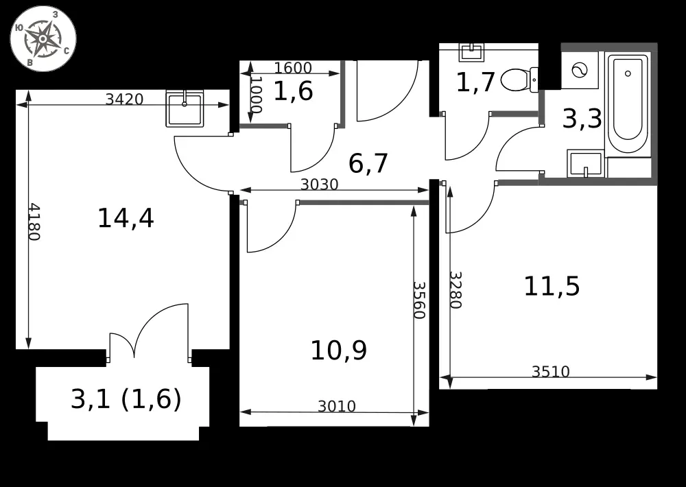 2-комнатная, 51,7 м² — 20 258 128 ₽