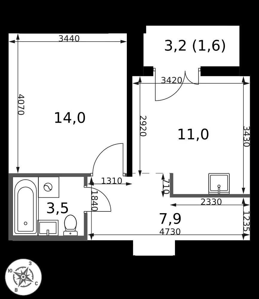 1-комнатная, 38 м² — 17 060 860 ₽