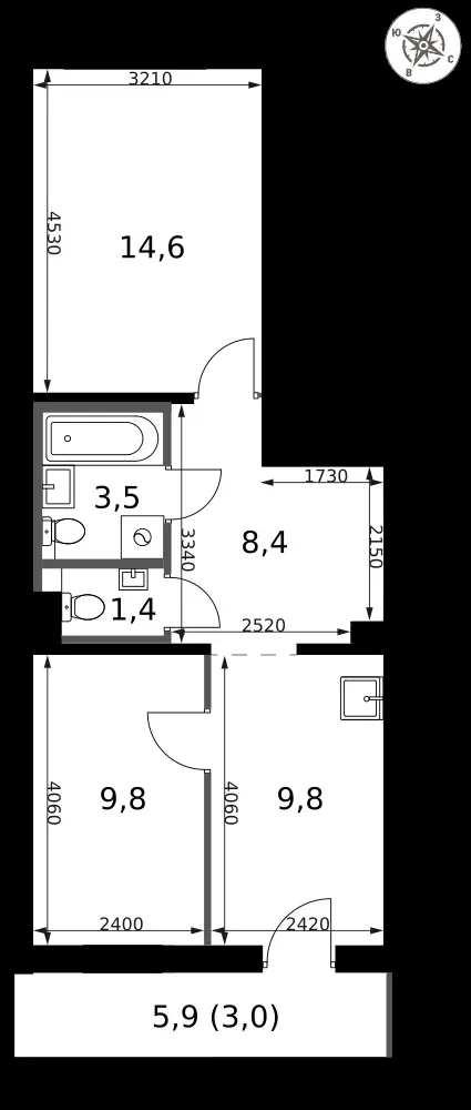 2-комнатная, 50,5 м² — 21 205 960 ₽