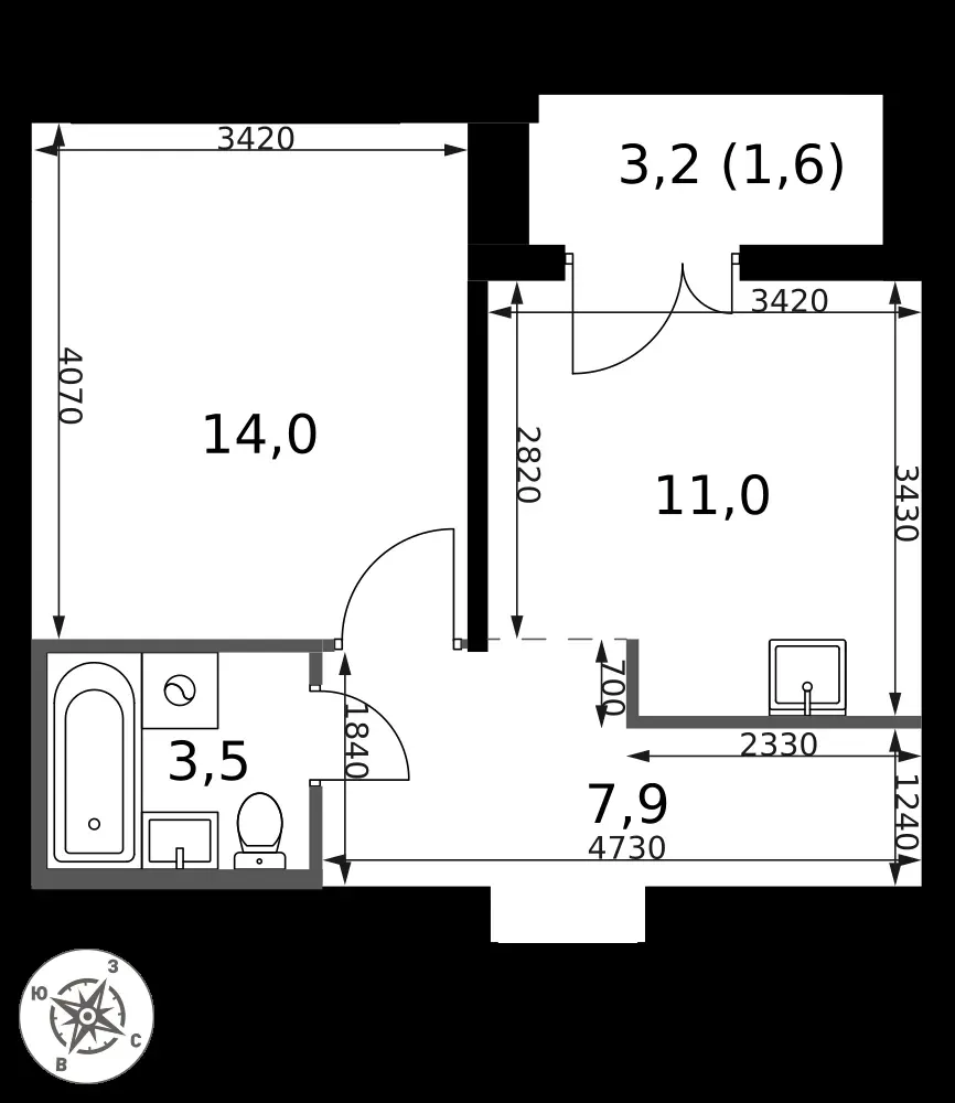 1-комнатная, 38 м² — 17 829 600 ₽