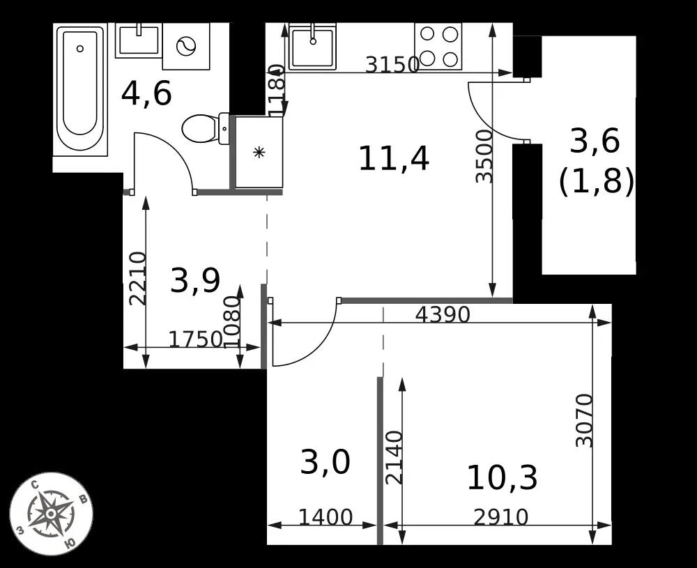 1-комнатная, 35 м² — 15 440 600 ₽