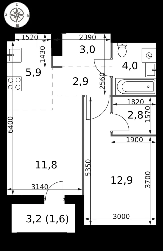 2-комнатная, 44,9 м² — 16 926 671 ₽