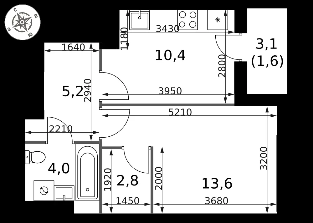 1-комнатная, 37,6 м² — 15 648 556 ₽