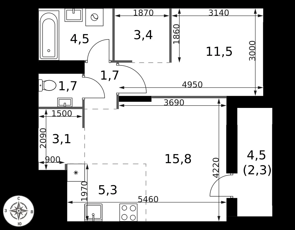 2-комнатная, 49,3 м² — 16 107 493 ₽