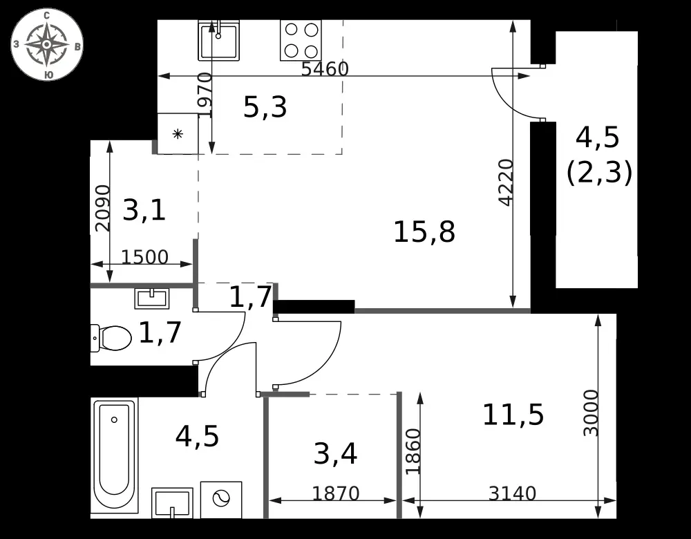2-комнатная, 49,3 м² — 16 126 227 ₽