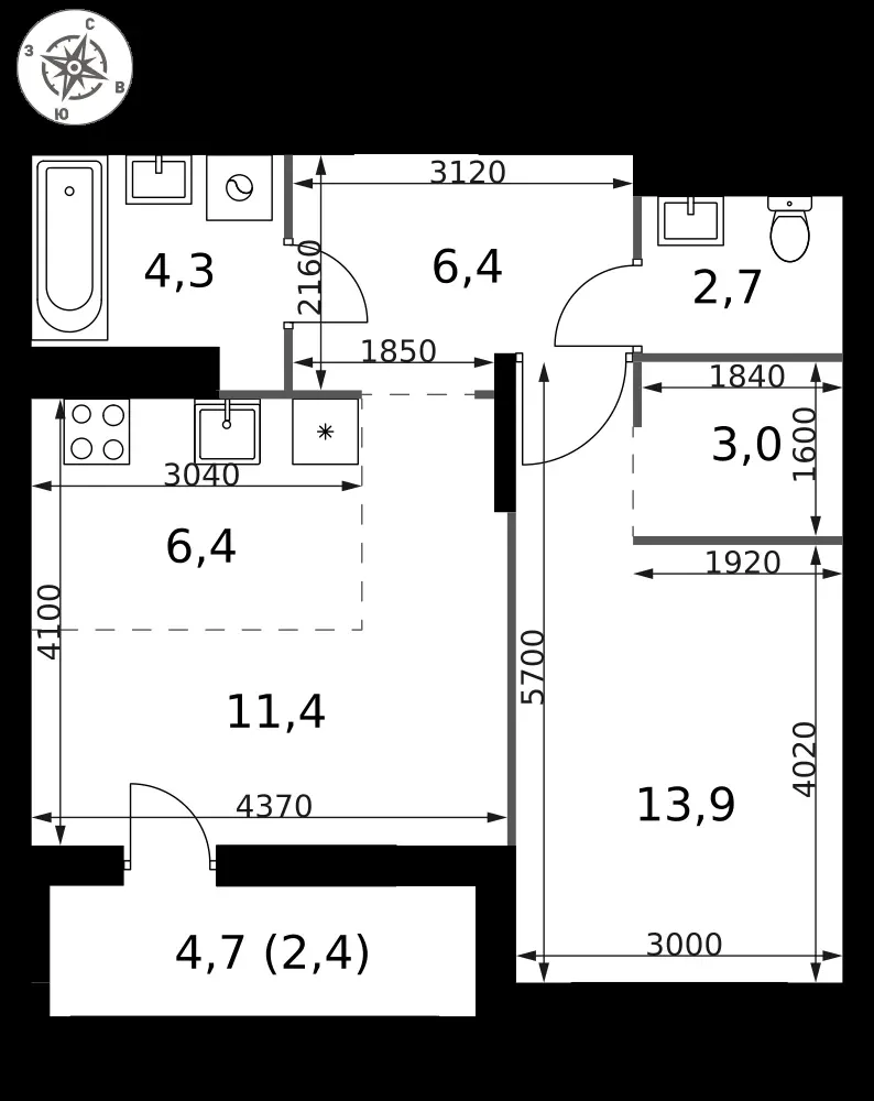 2-комнатная, 50,5 м² — 19 327 007 ₽