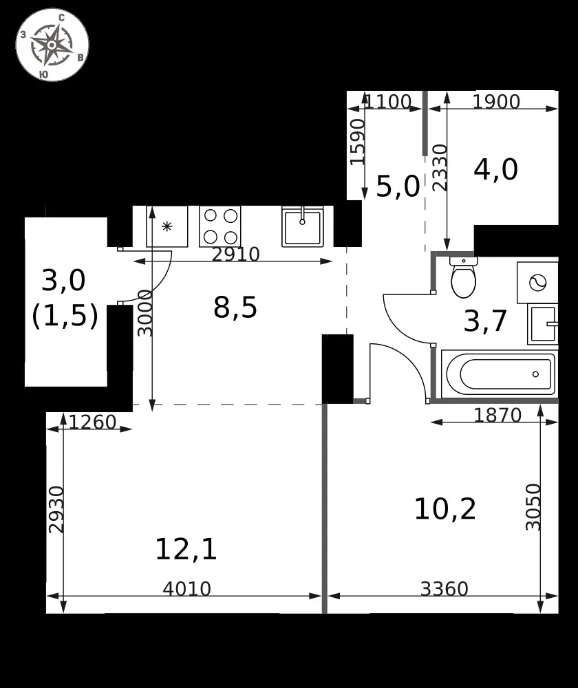 2-комнатная, 45 м² — 16 426 260 ₽
