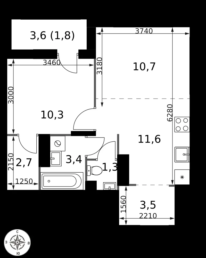 2-комнатная, 45,3 м² — 17 652 731 ₽
