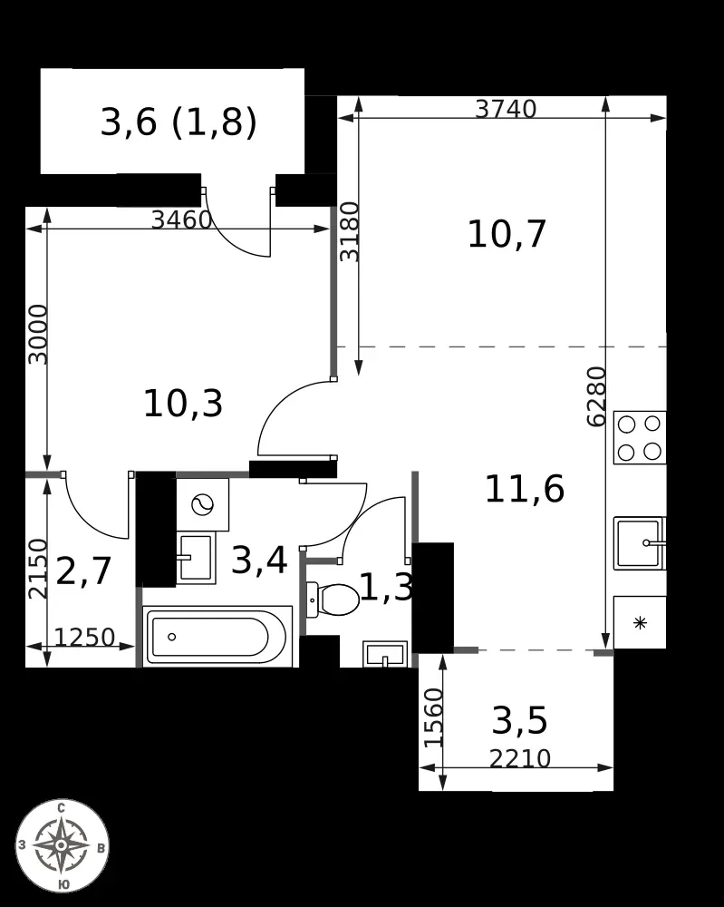 2-комнатная, 45,3 м² — 17 483 535 ₽
