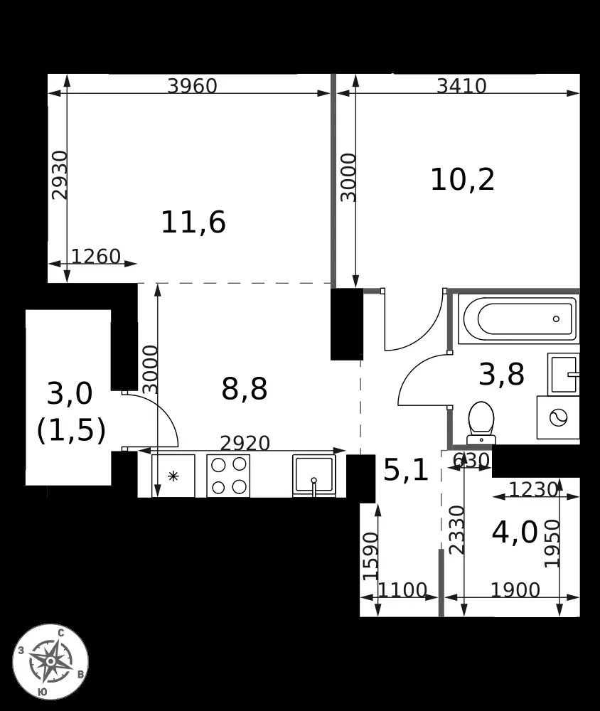 2-комнатная, 45 м² — 18 839 340 ₽