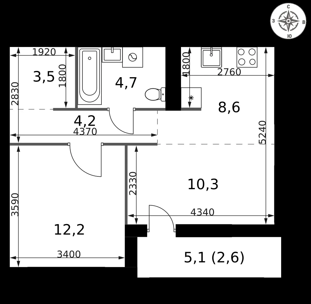 2-комнатная, 46,1 м² — 18 060 136 ₽