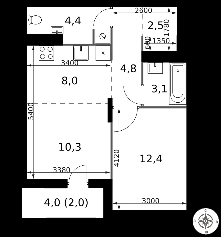 2-комнатная, 47,5 м² — 17 642 688 ₽