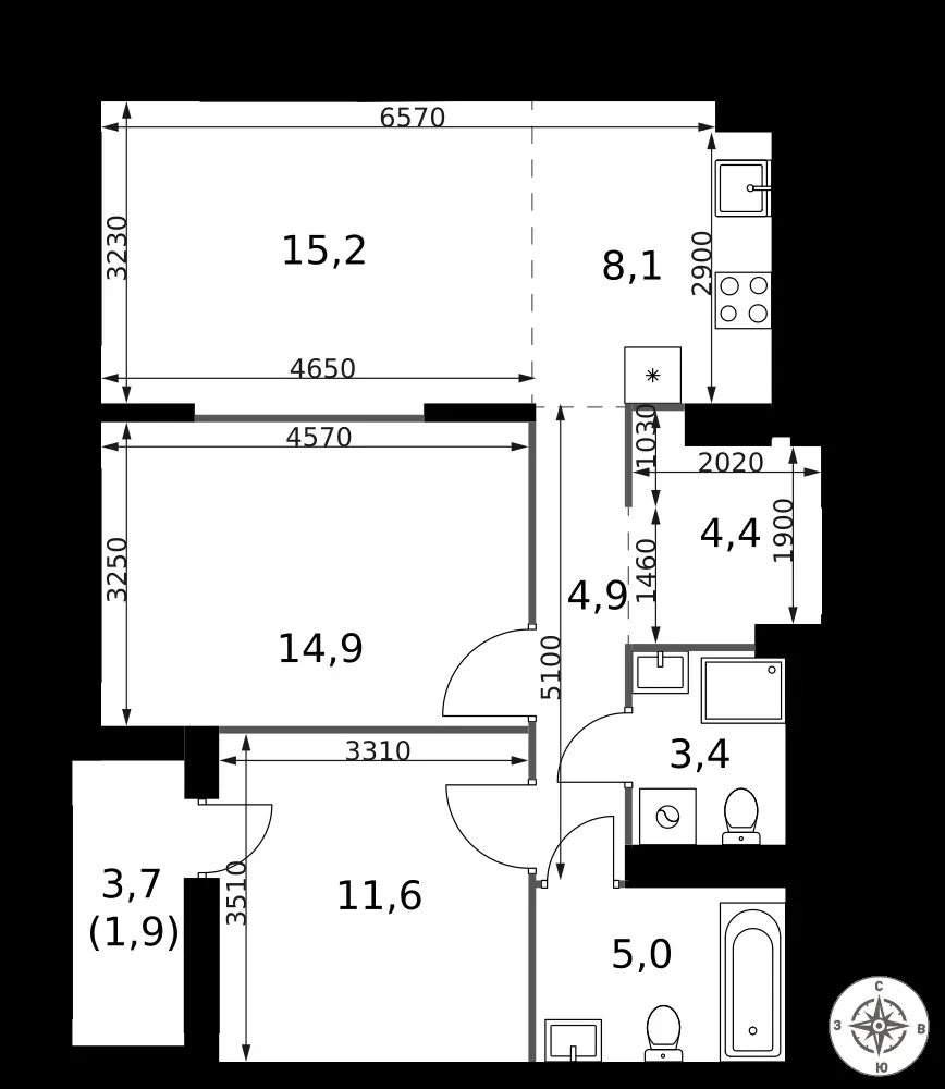 3-комнатная, 69,4 м² — 23 636 530 ₽