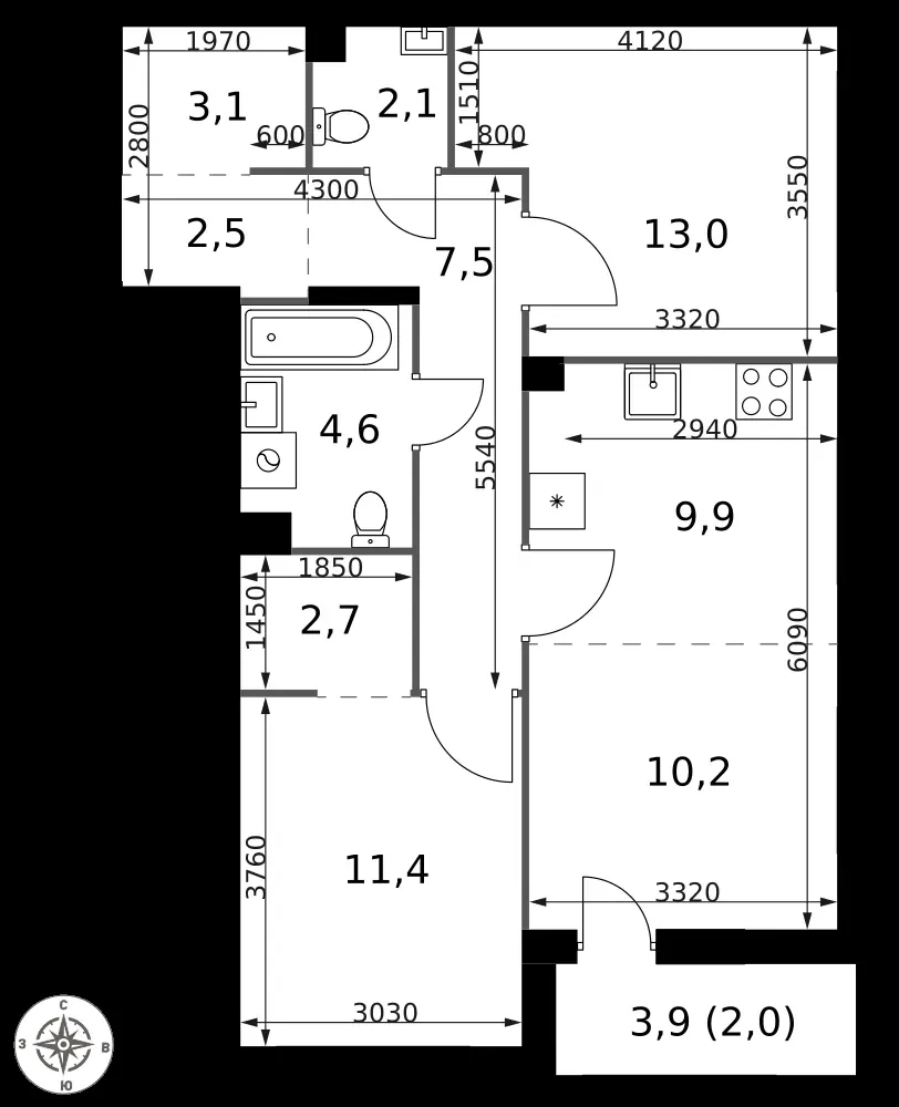 3-комнатная, 69 м² — 23 398 728 ₽