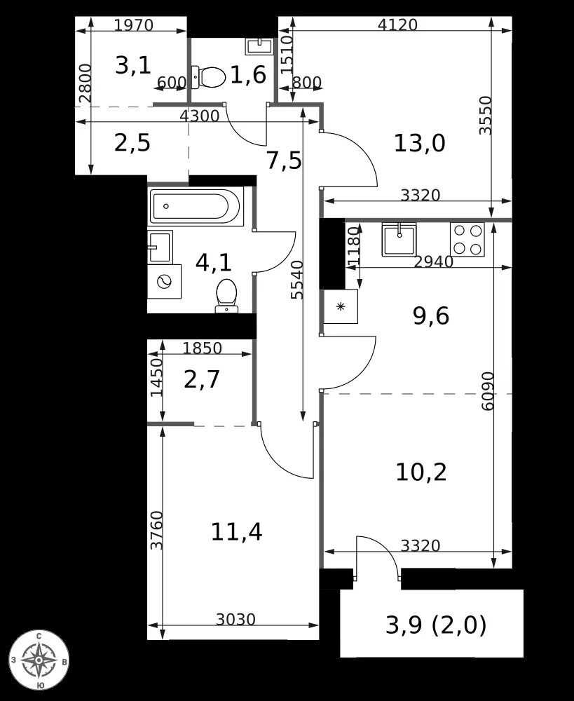 3-комнатная, 67,7 м² — 23 861 000 ₽