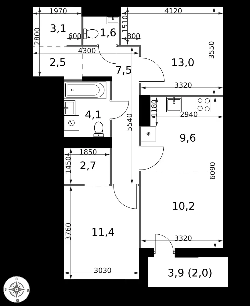 3-комнатная, 67,7 м² — 23 580 722 ₽