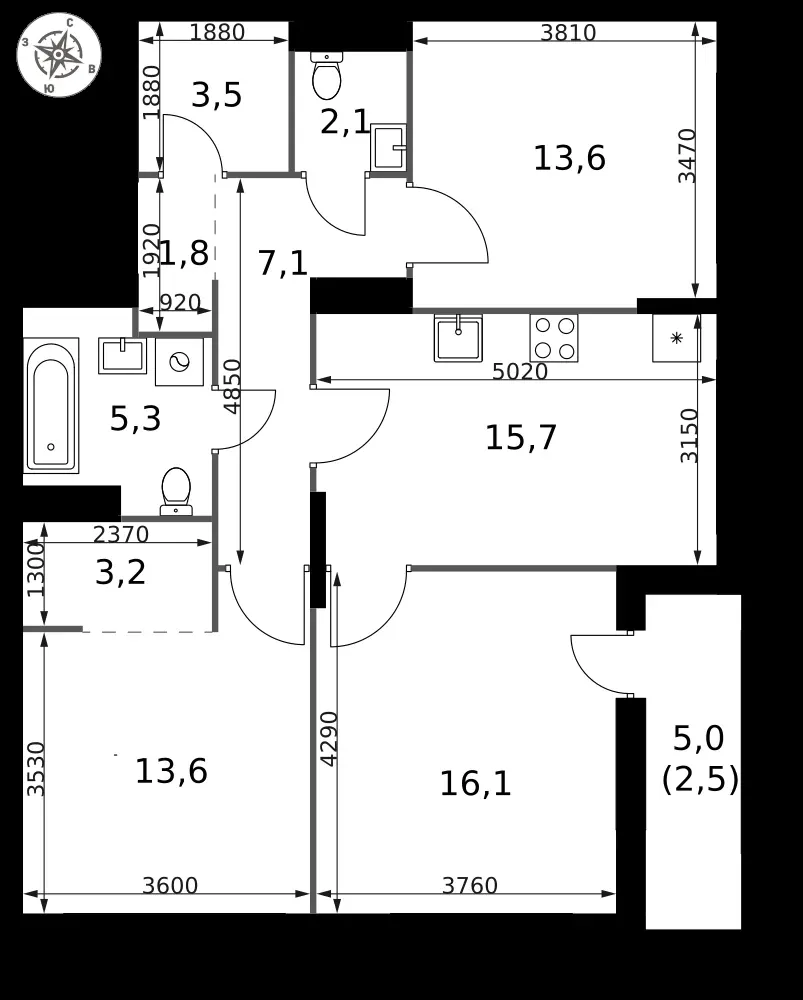 3-комнатная, 84,5 м² — 30 124 250 ₽