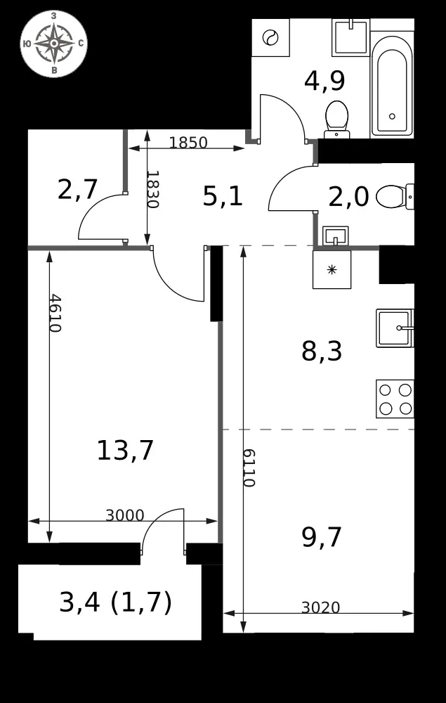 2-комнатная, 48,1 м² — 16 419 368 ₽
