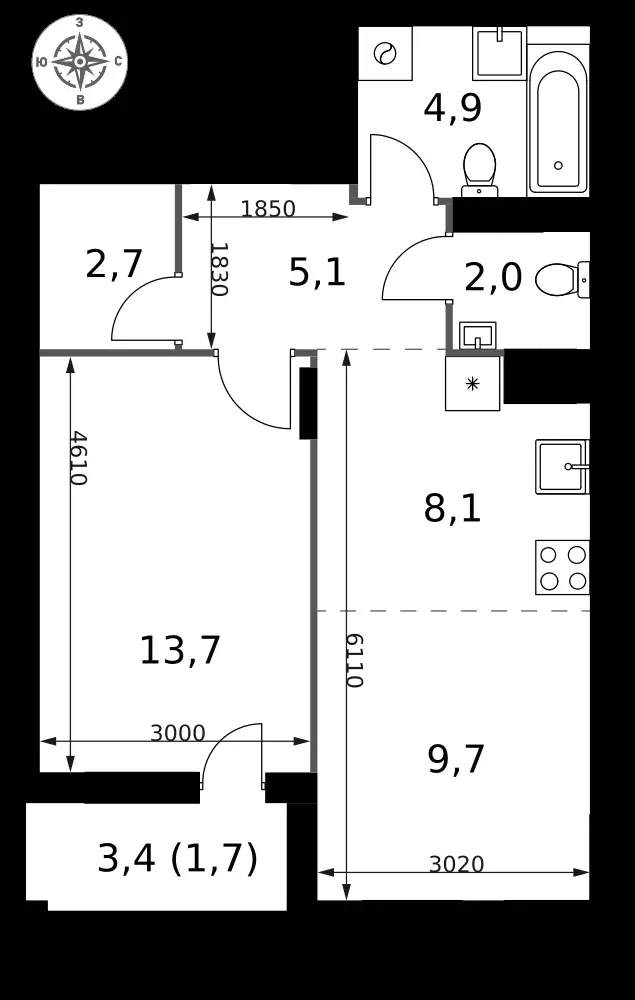 2-комнатная, 47,9 м² — 16 710 586 ₽