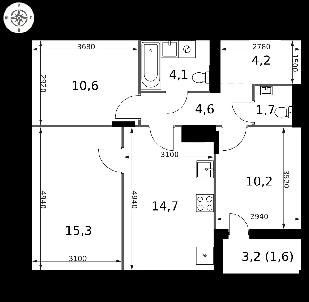 3-комнатная, 67 м² — 24 814 790 ₽