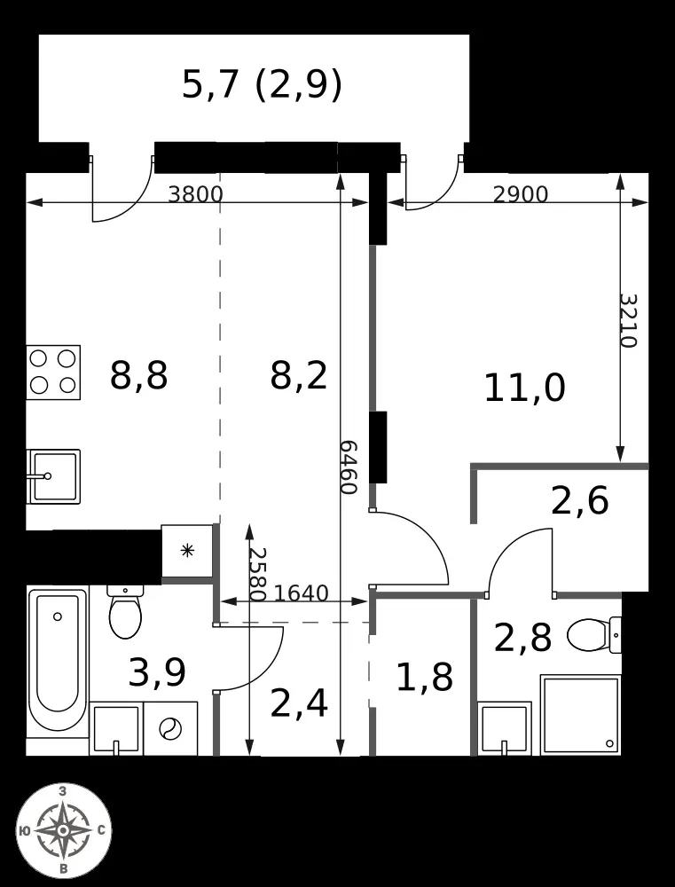 2-комнатная, 44,4 м² — 17 705 210 ₽