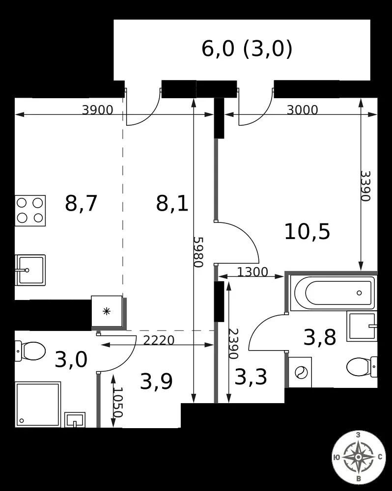 2-комнатная, 44,3 м² — 17 683 497 ₽
