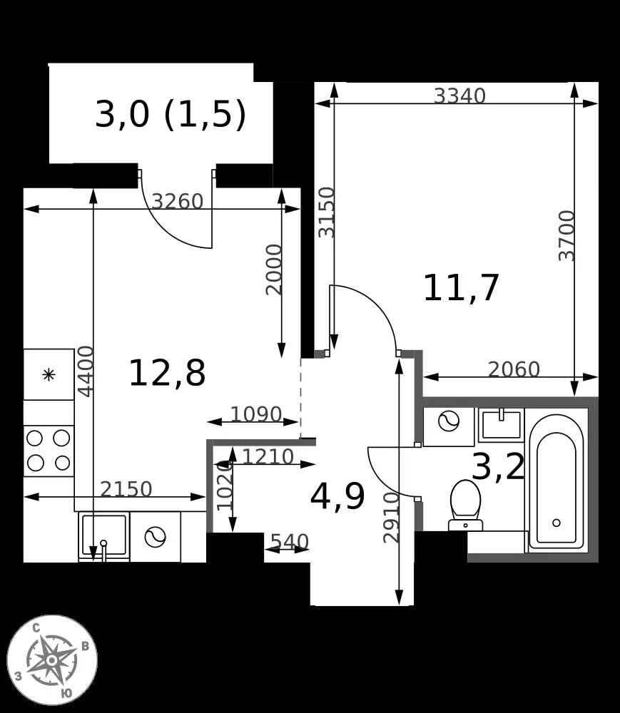 1-комнатная, 34,1 м² — 8 948 386 ₽