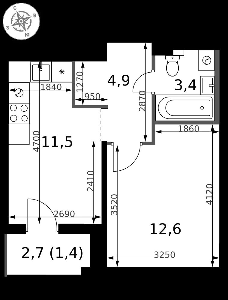 1-комнатная, 33,8 м² — 8 530 376 ₽