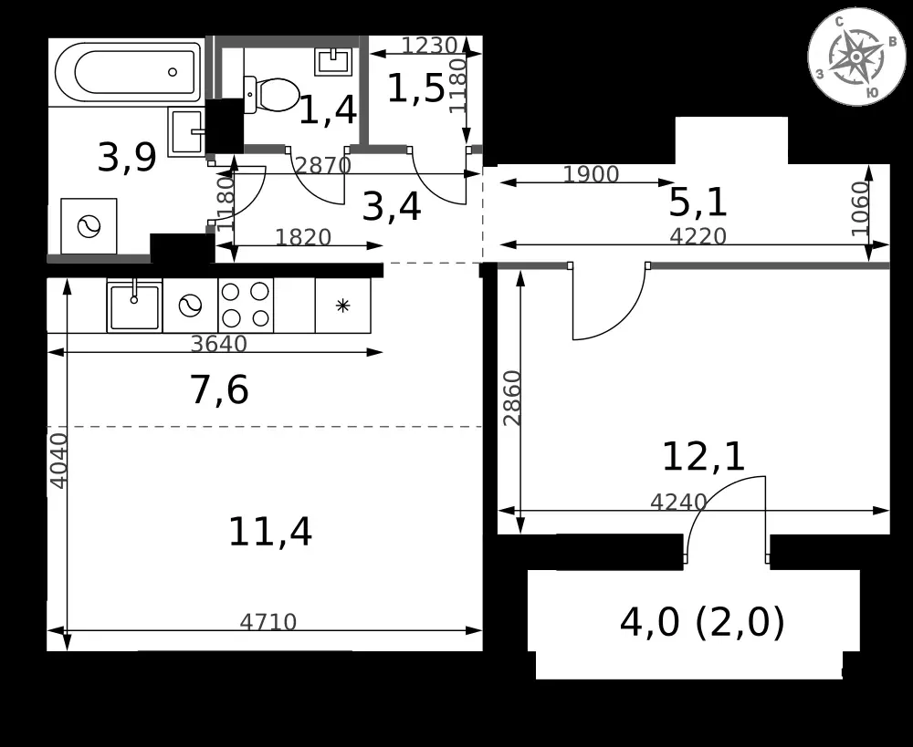 2-комнатная, 48,4 м² — 11 373 758 ₽
