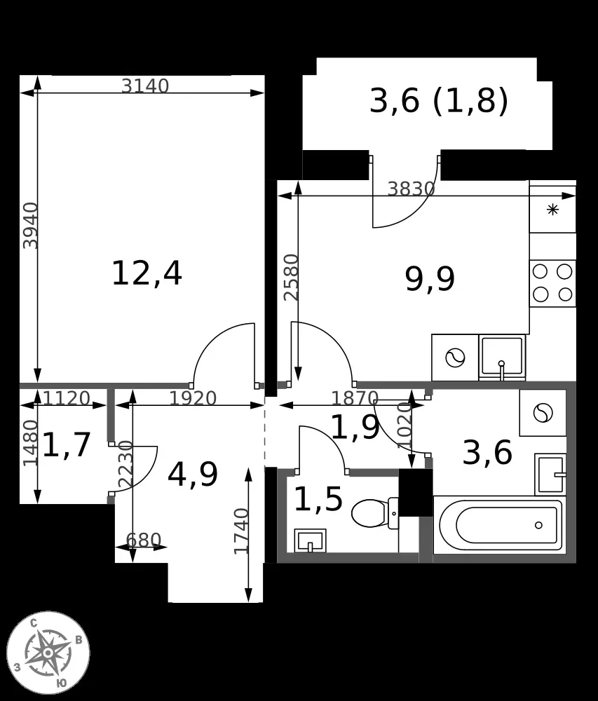 1-комнатная, 37,7 м² — 8 609 907 ₽