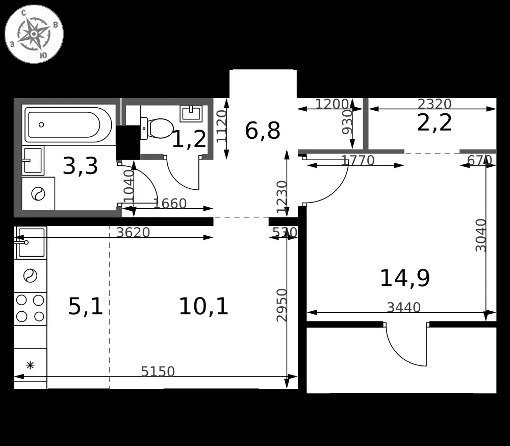 2-комнатная, 43,6 м² — 10 412 770 ₽